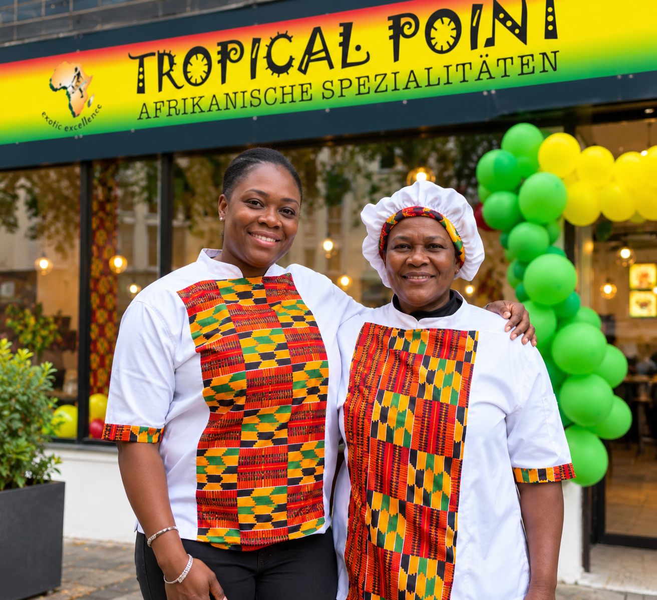 Zwei Frauen aus dem Tropical-Point-Team in weißen Kochjacken mit Kente-Stoff vor dem Restaurant